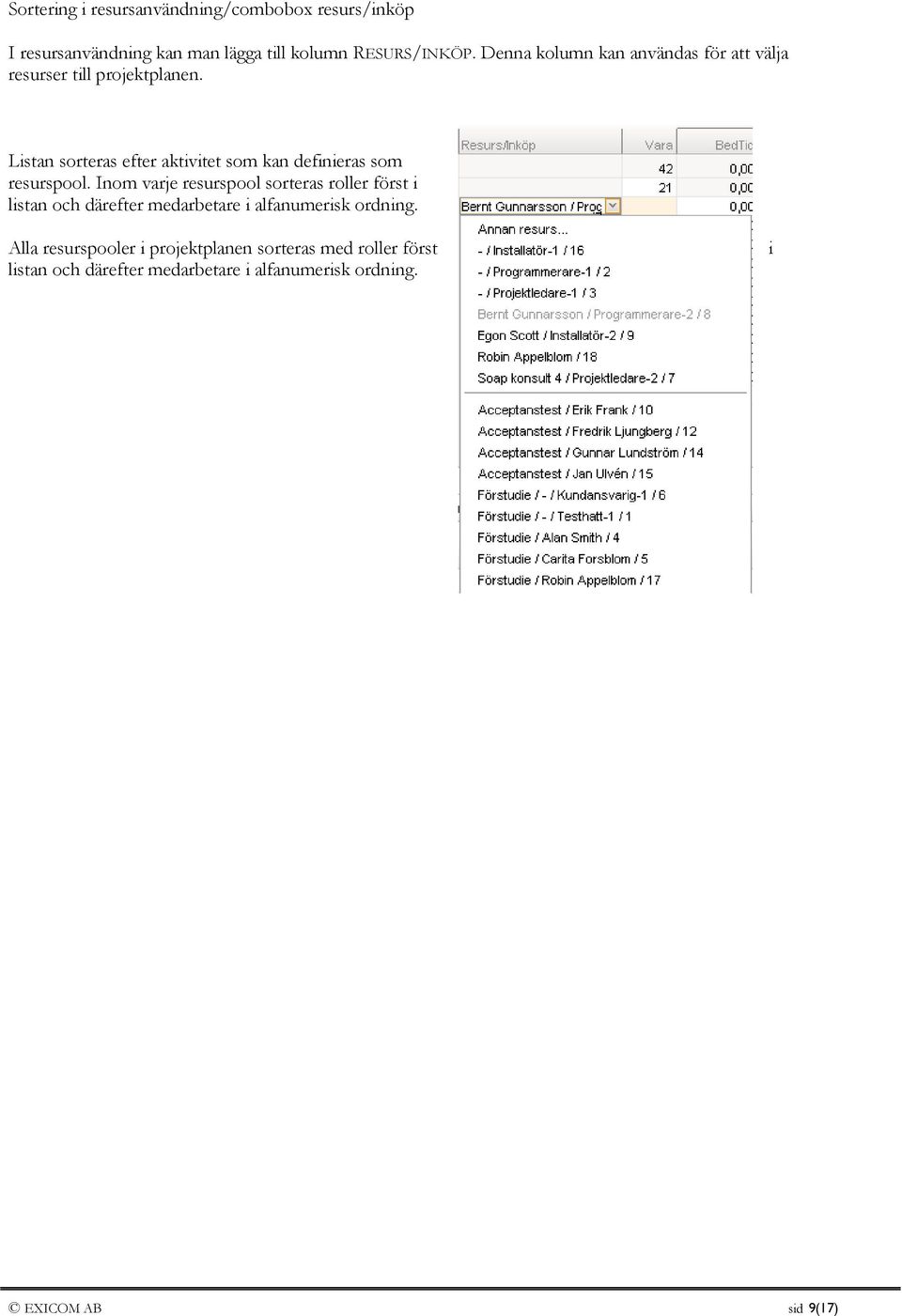 Listan sorteras efter aktivitet som kan definieras som resurspool.