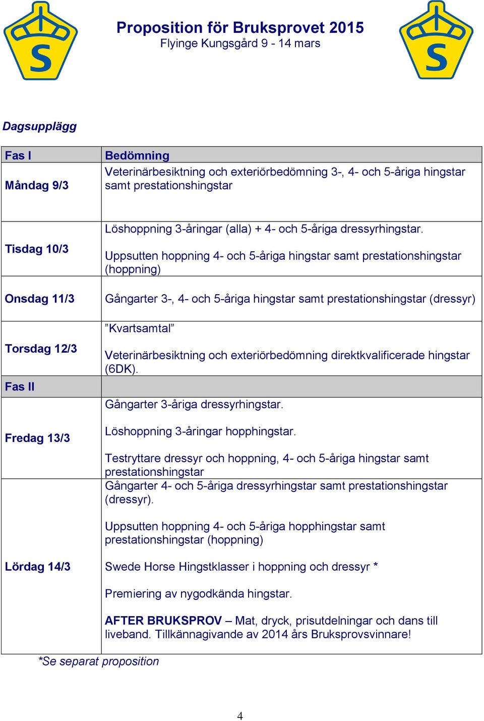 Uppsutten hoppning 4- och 5-åriga hingstar samt prestationshingstar (hoppning) Gångarter 3-, 4- och 5-åriga hingstar samt prestationshingstar (dressyr) Kvartsamtal Veterinärbesiktning och