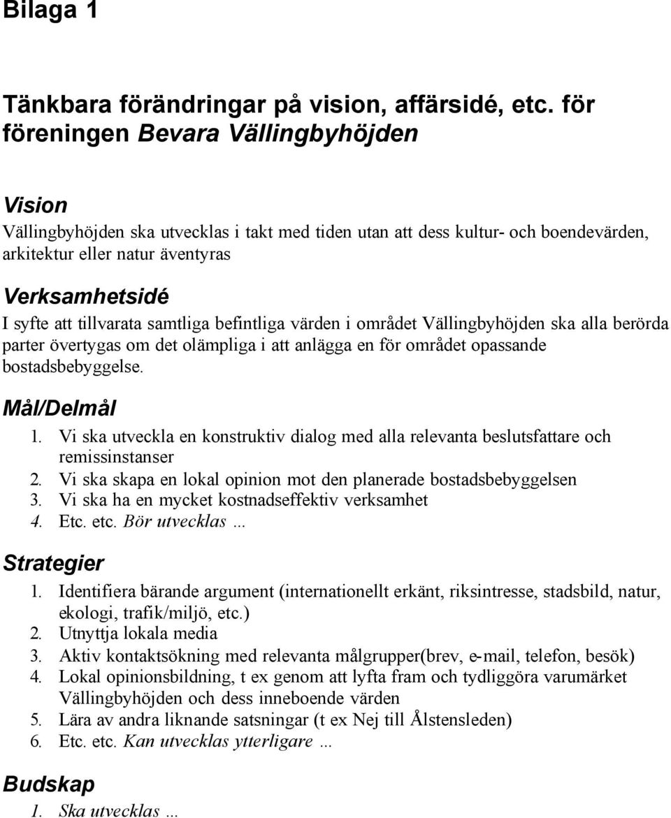 tillvarata samtliga befintliga värden i området Vällingbyhöjden ska alla berörda parter övertygas om det olämpliga i att anlägga en för området opassande bostadsbebyggelse. Mål/Delmål 1.