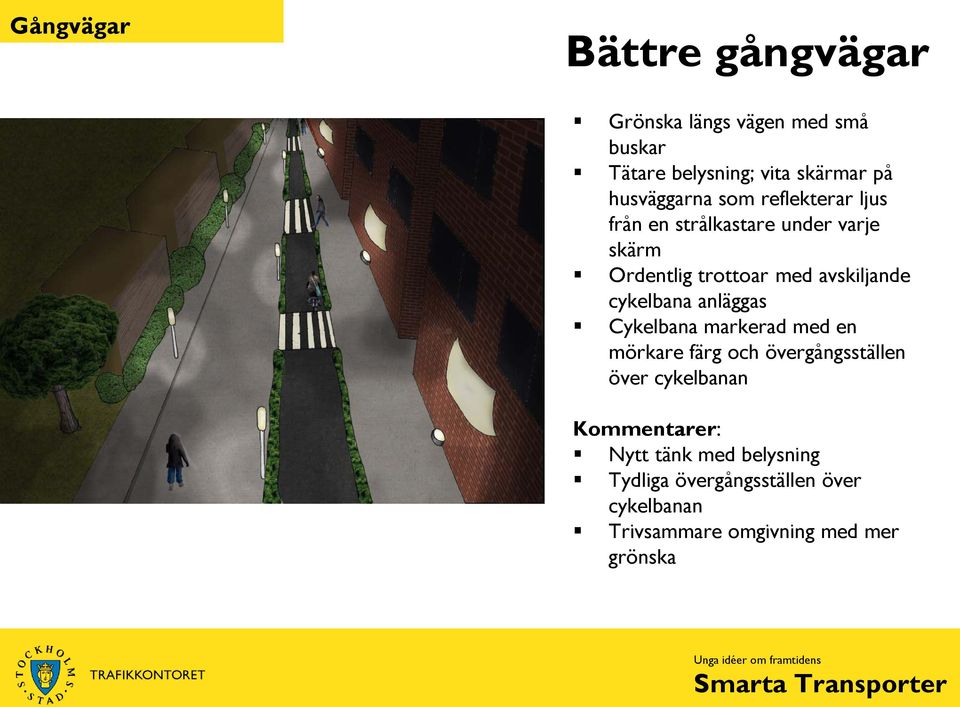 avskiljande cykelbana anläggas Cykelbana markerad med en mörkare färg och övergångsställen över