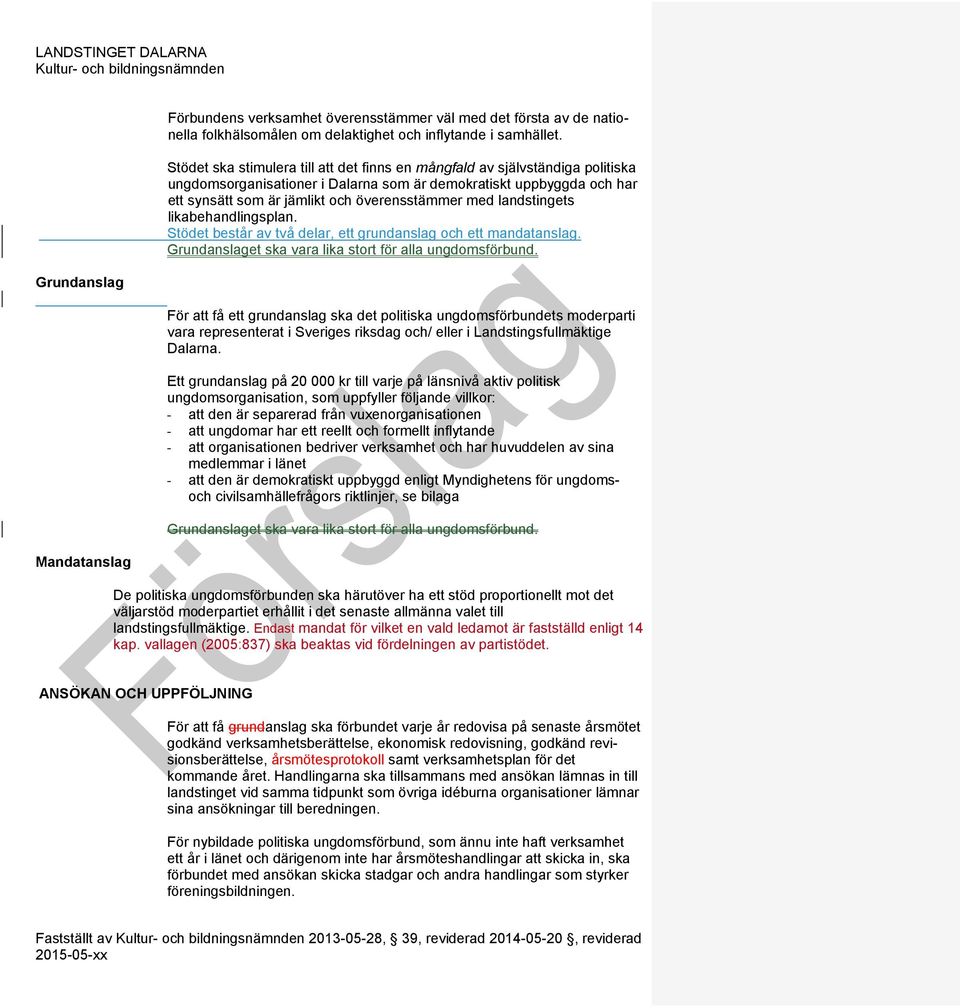 Stödet ska stimulera till att det finns en mångfald av självständiga politiska ungdomsorganisationer i Dalarna som är demokratiskt uppbyggda och har ett synsätt som är jämlikt och överensstämmer med