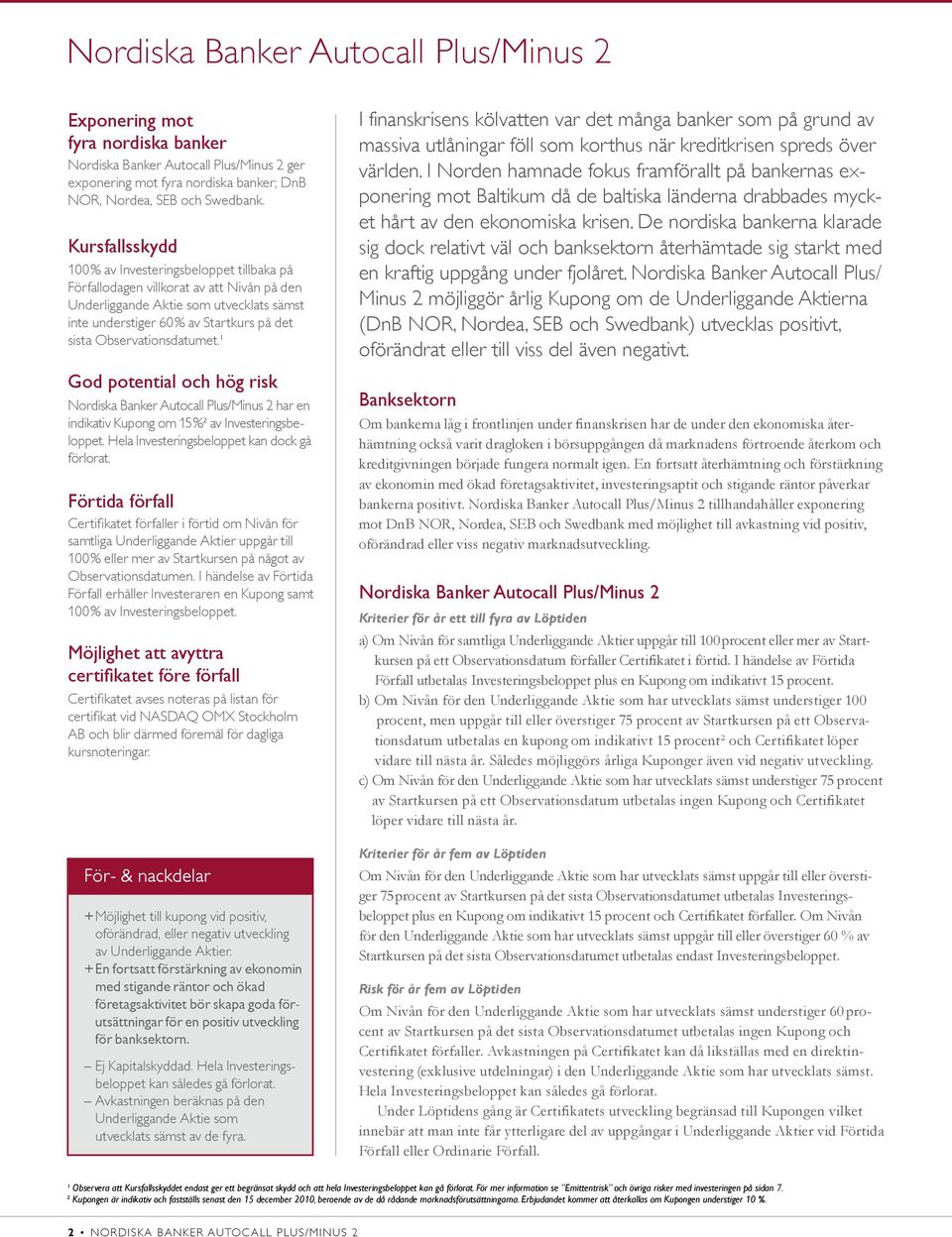 Observationsdatumet.¹ God potential och hög risk Nordiska Banker Autocall Plus/Minus 2 har en indikativ Kupong om 15 %² av Investeringsbeloppet. Hela Investeringsbeloppet kan dock gå förlorat.
