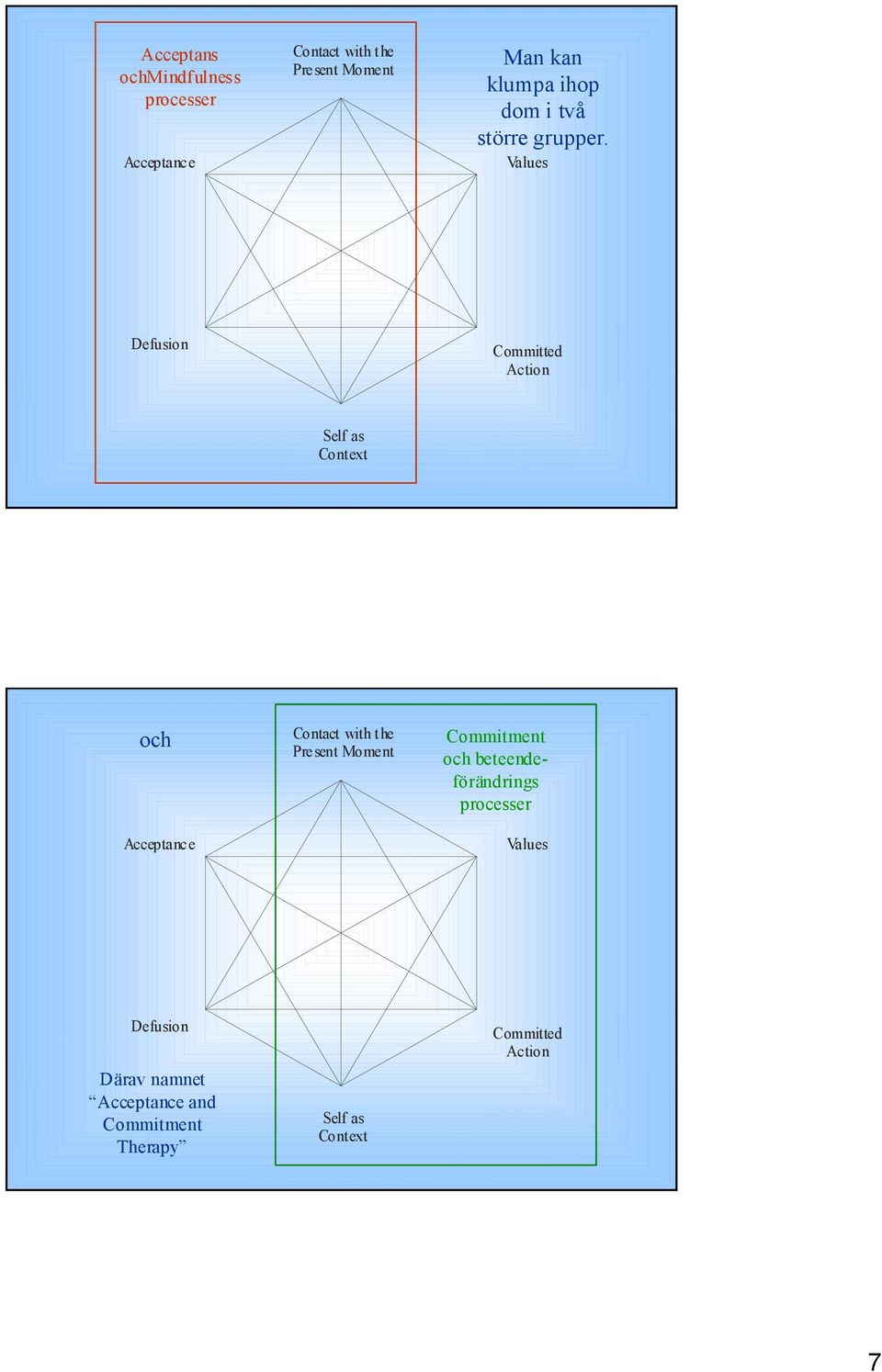 Values Defusion Committed Action Self as Context och Acceptance Contact with the Present