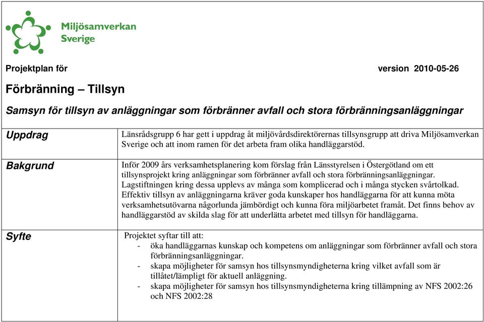 Inför 2009 års verksamhetsplanering kom förslag från Länsstyrelsen i Östergötland om ett tillsynsprojekt kring anläggningar som förbränner avfall och stora förbränningsanläggningar.