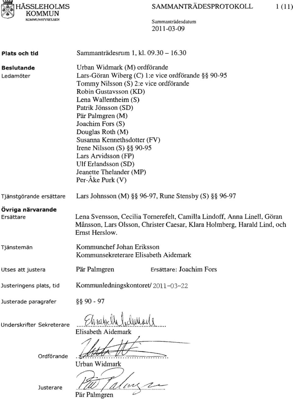 Roth (M) Susanna Kennethsdotter (FV) Irene Nilsson (S) 90-95 Lars Arvidsson (FP) Ulf (SO) np,a"nnpt (MP) ersättare Johnsson (M) 96-97, Rune Stensby (S) 96-97 närvarande Ersättare Lena Svensson,