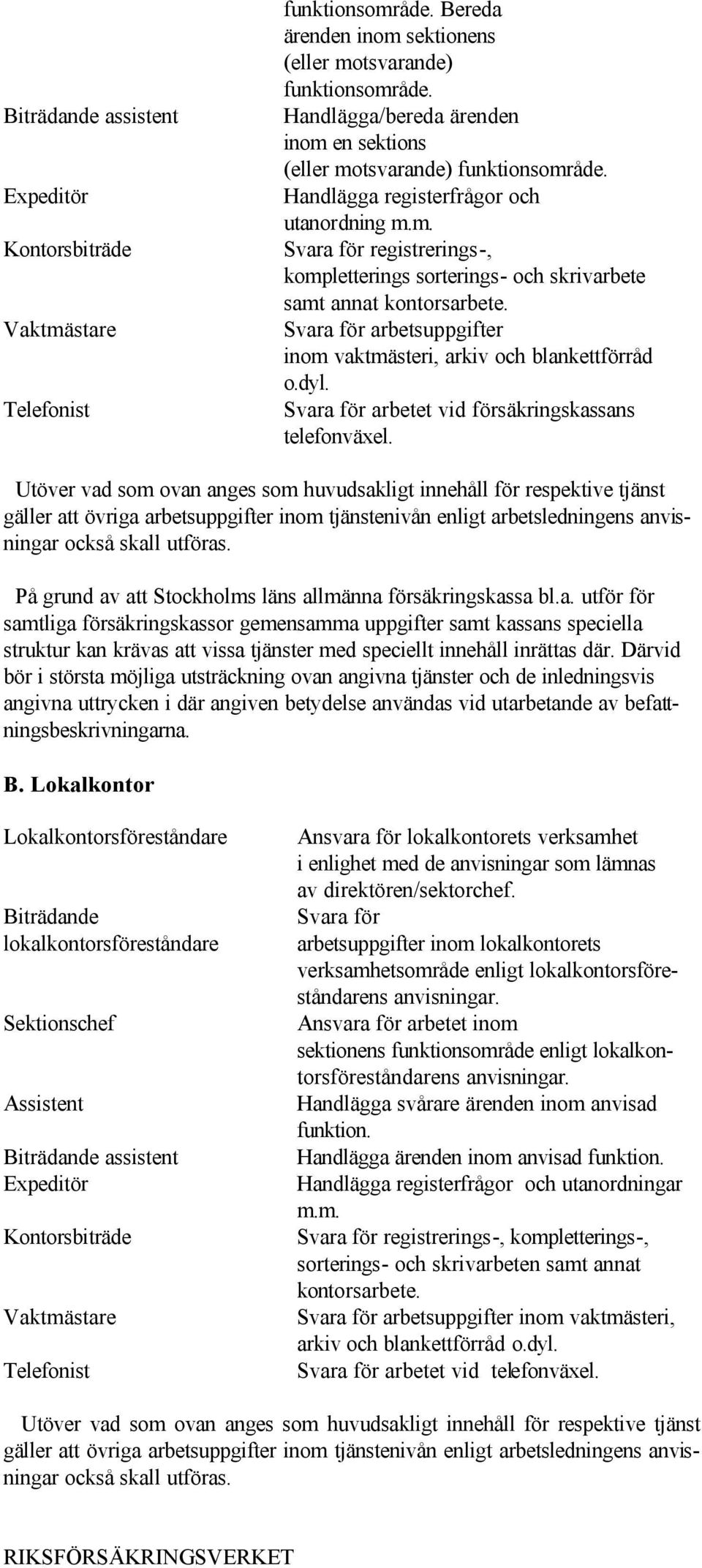 Svara för arbetsuppgifter inom vaktmästeri, arkiv och blankettförråd o.dyl. Svara för arbetet vid försäkringskassans telefonväxel.