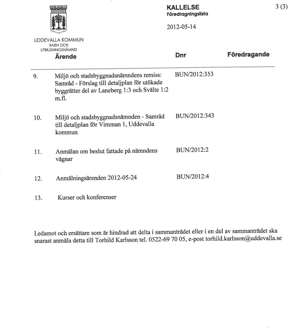 Miljö och stadsbyggnadsnåimnden - Samråd BUN/2012:343 till detaljplan für Vimman 1, Uddevalla kommun 11 Anmälan om beslut fattade på nämndens BIJN12012:2 vägnar 12.