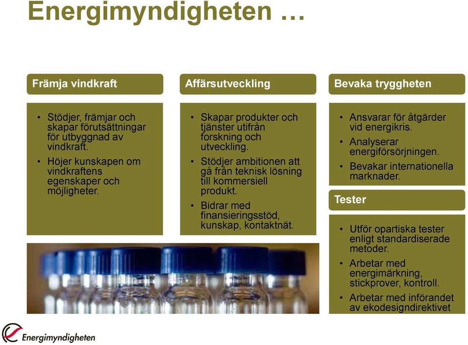 Stödjer ambitionen att gå från teknisk lösning till kommersiell produkt. Bidrar med finansieringsstöd, kunskap, kontaktnät. Ansvarar för åtgärder vid energikris.