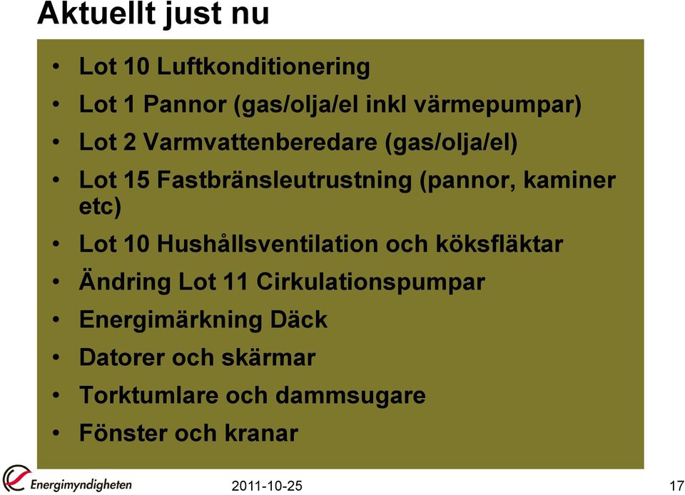 etc) Lot 10 Hushållsventilation och köksfläktar Ändring Lot 11 Cirkulationspumpar