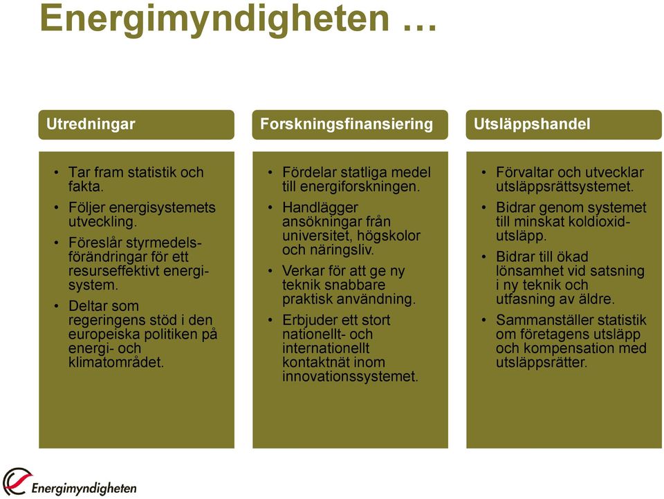 Fördelar statliga medel till energiforskningen. Handlägger ansökningar från universitet, högskolor och näringsliv. Verkar för att ge ny teknik snabbare praktisk användning.