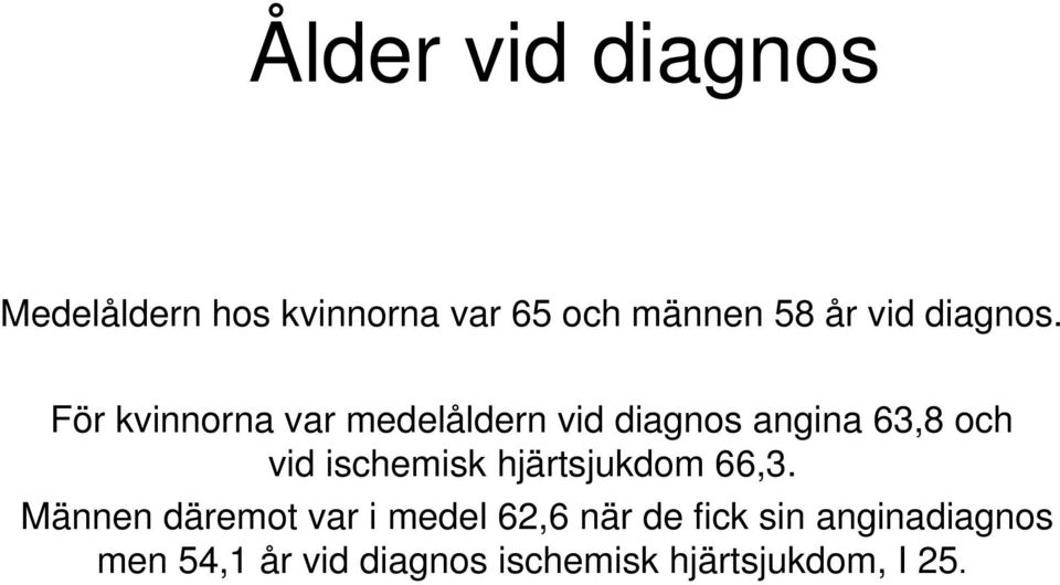 För kvinnorna var medelåldern vid diagnos angina 63,8 och vid ischemisk