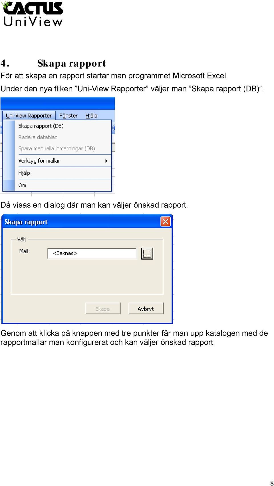 Då visas en dialog där man kan väljer önskad rapport.