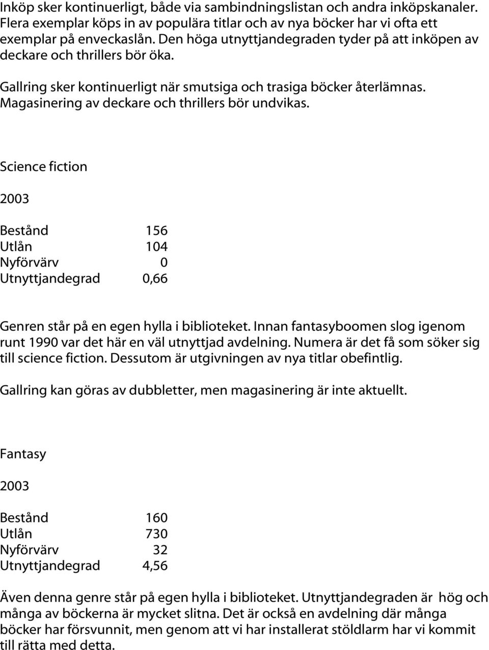 Magasinering av deckare och thrillers bör undvikas. Science fiction Bestånd 156 Utlån 104 Nyförvärv 0 Utnyttjandegrad 0,66 Genren står på en egen hylla i biblioteket.