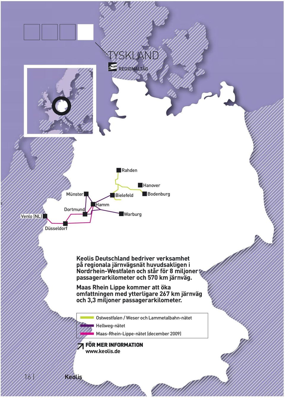 570 km järnväg. Maas Rhein Lippe kommer att öka omfattningen med ytterligare 267 km järnväg och 3,3 miljoner passagerarkilometer.
