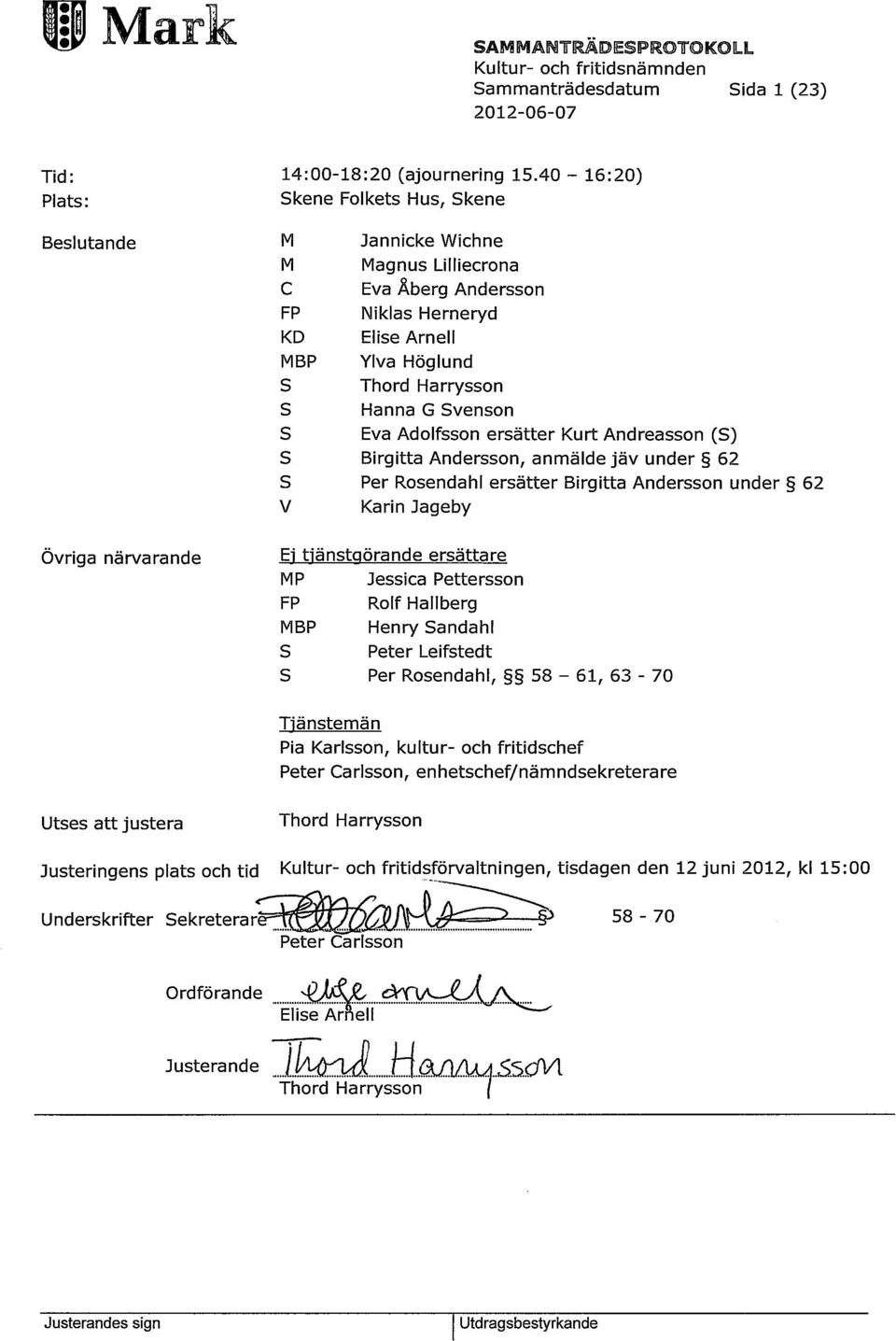 ersätter Kurt Andreasson (S) S Birgitta Andersson, anmälde jäv under 62 S Per Rosendahl ersätter Birgitta Andersson under 62 V Karin Jageby Ej tjänstgörande ersättare MP Jessica Pettersson FP Rolf