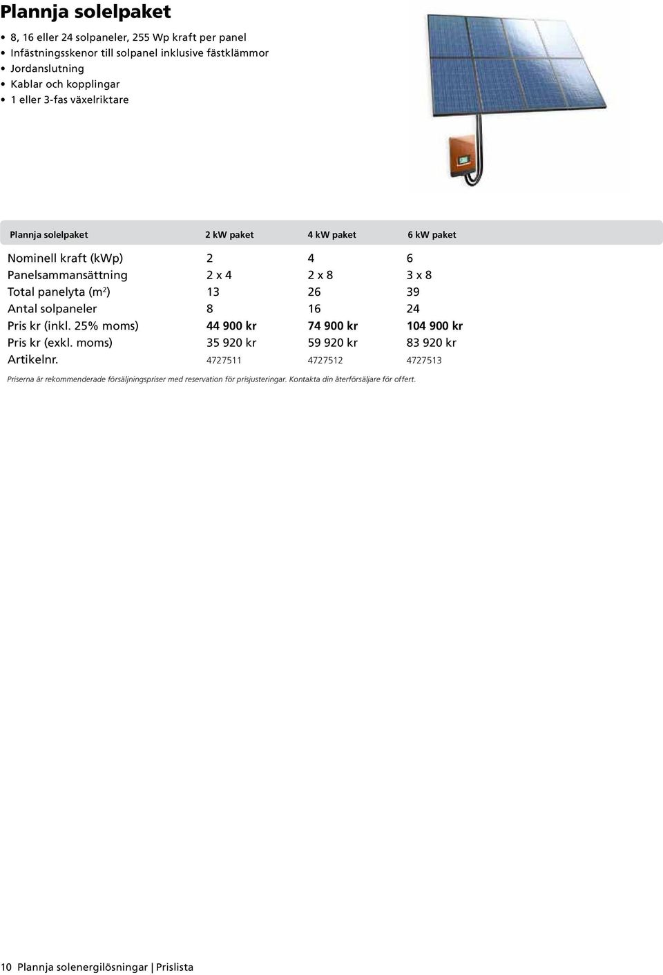 (kwp) 2 4 6 Panelsammansättning 2 x 4 2 x 8 3 x 8 Total panelyta (m 2 ) 13 26 39 Antal solpaneler 8 16 24 Pris kr (inkl.