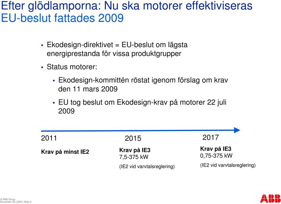 den 11 mars 2009 EU tog beslut om Ekodesign-krav på motorer 22 juli 2009 2011 2015 2017 Krav på minst IE2 Krav på