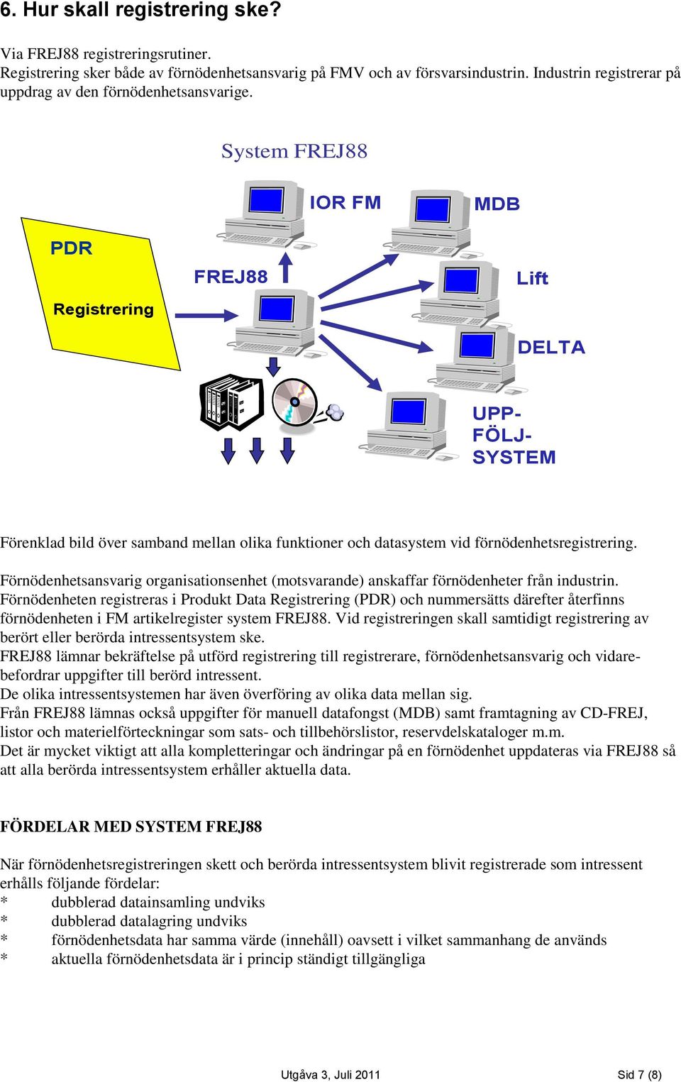 System FREJ88 IOR FM MDB PDR Registrering FREJ88 Lift DELTA UPP- FÖLJ- SYSTEM Förenklad bild över samband mellan olika funktioner och datasystem vid förnödenhetsregistrering.