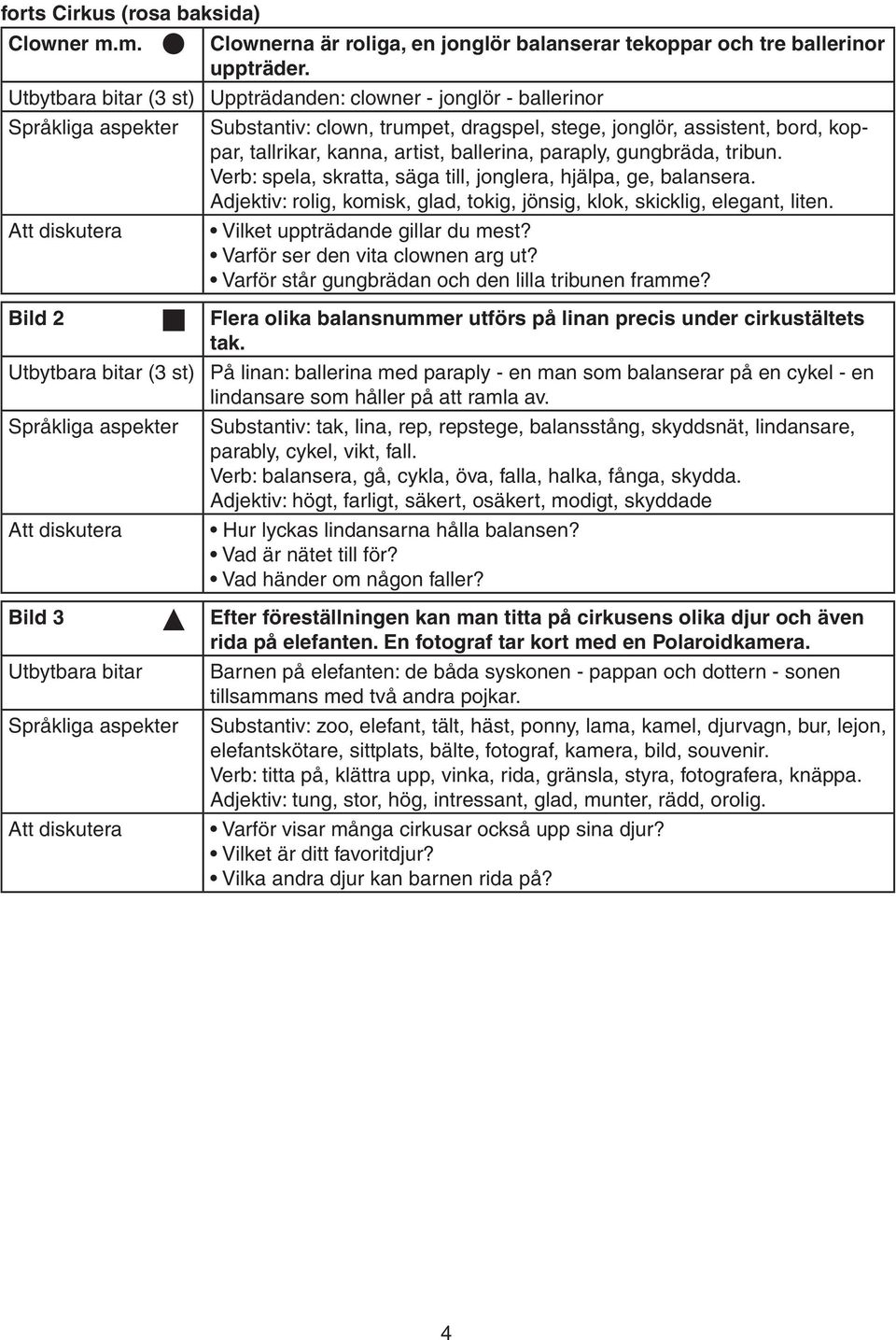 gungbräda, tribun. Verb: spela, skratta, säga till, jonglera, hjälpa, ge, balansera. Adjektiv: rolig, komisk, glad, tokig, jönsig, klok, skicklig, elegant, liten. Vilket uppträdande gillar du mest?