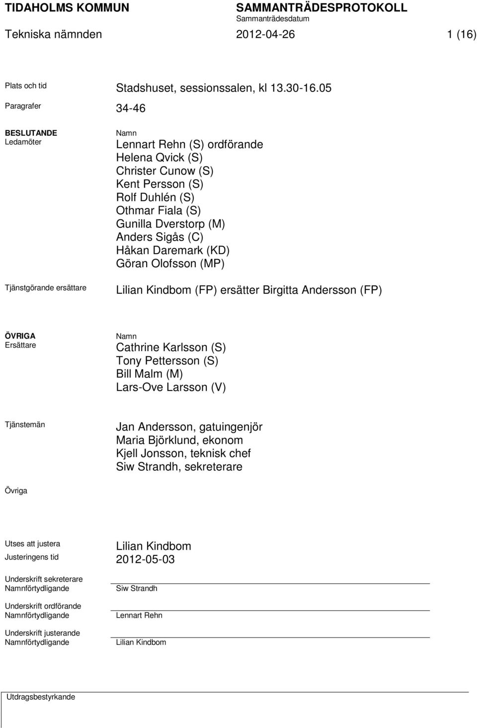 Dverstorp (M) Anders Sigås (C) Håkan Daremark (KD) Göran Olofsson (MP) Lilian Kindbom (FP) ersätter Birgitta Andersson (FP) ÖVRIGA Ersättare Namn Cathrine Karlsson (S) Tony Pettersson (S) Bill Malm