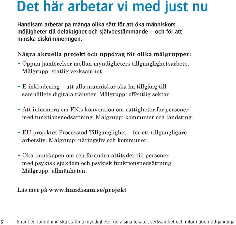 E-inkludering att alla människor ska ha tillgång till samhällets digitala tjänster. Målgrupp: offentlig sektor. Att informera om FN:s konvention om rättigheter för personer med funktionsnedsättning.