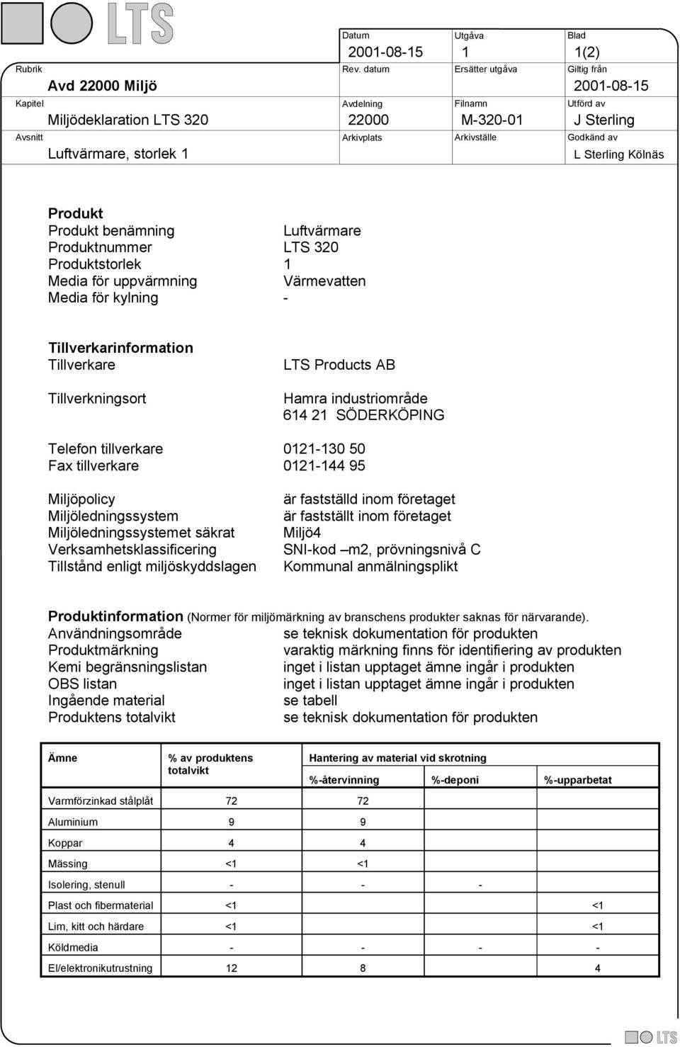 Verksamhetsklassificering Tillstånd enligt miljöskyddslagen är fastställd inom företaget är fastställt inom företaget Miljö4 SNI-kod m2, prövningsnivå C Kommunal anmälningsplikt Produktinformation