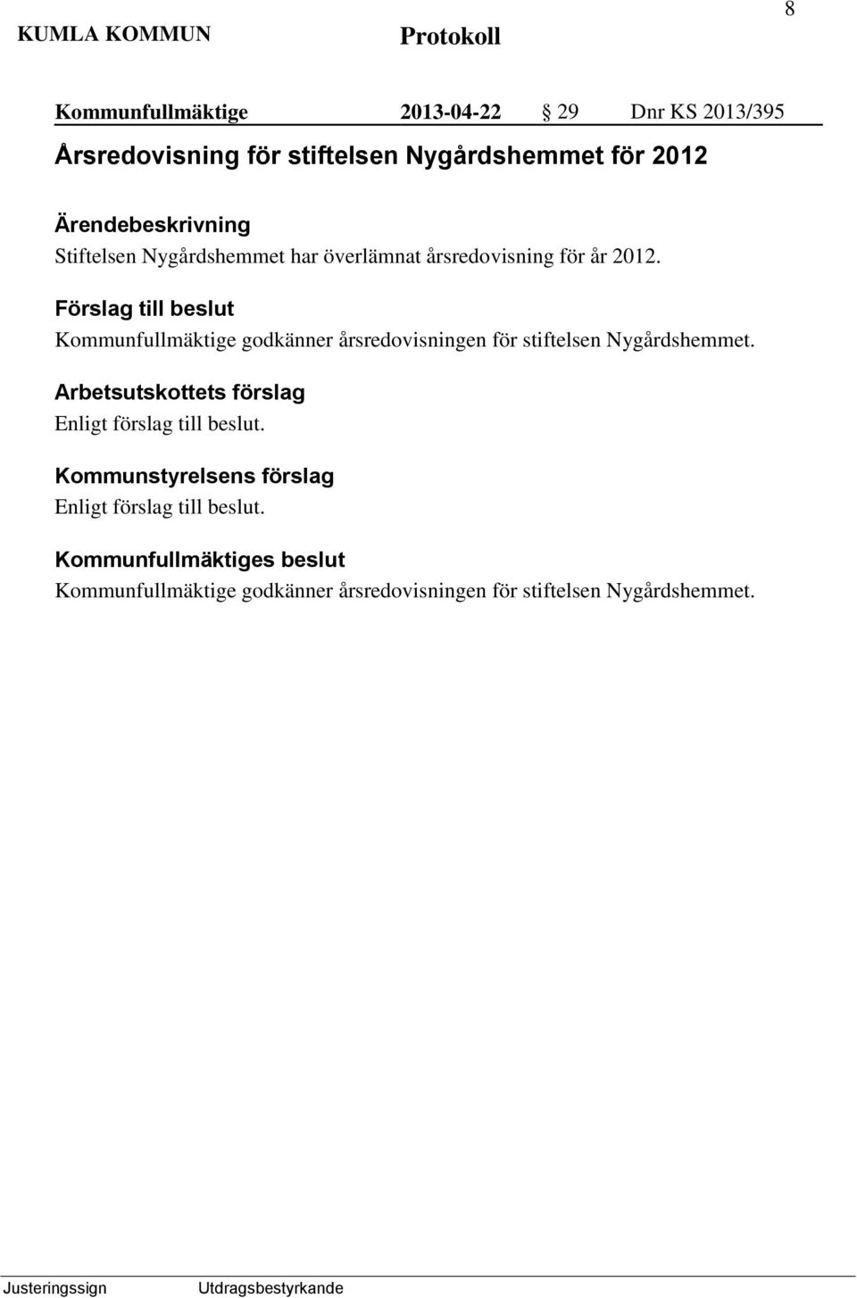 Förslag till beslut Kommunfullmäktige godkänner årsredovisningen för stiftelsen Nygårdshemmet.