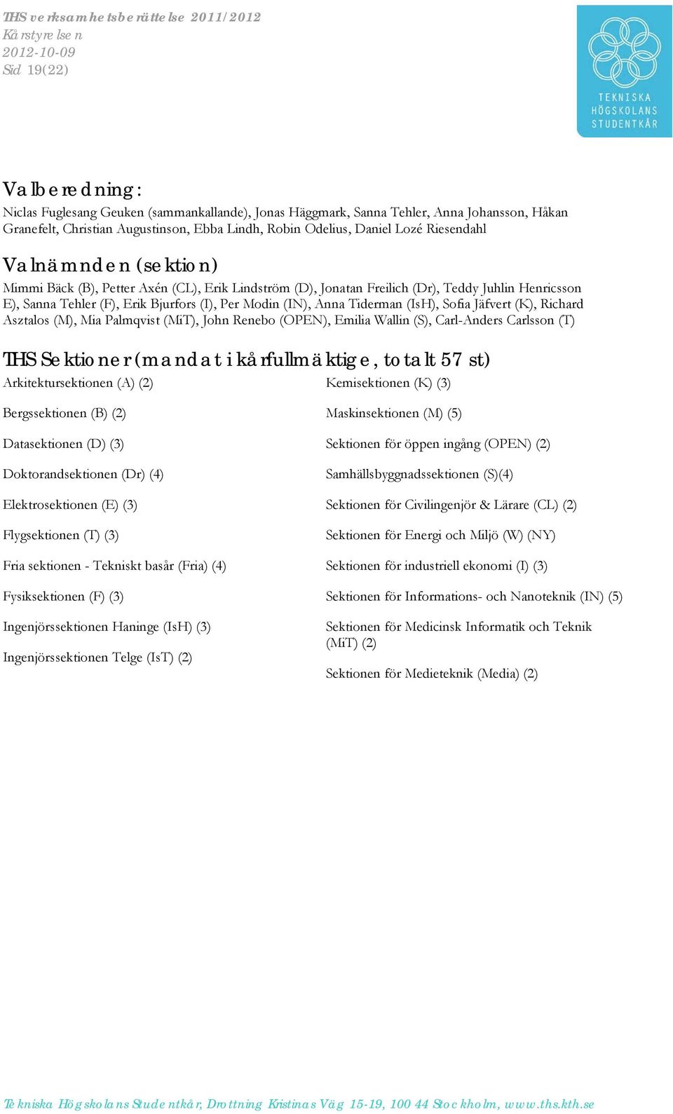 Tiderman (IsH), Sofia Jäfvert (K), Richard Asztalos (M), Mia Palmqvist (MiT), John Renebo (OPEN), Emilia Wallin (S), Carl-Anders Carlsson (T) THS Sektioner (mandat i kårfullmäktige, totalt 57 st)