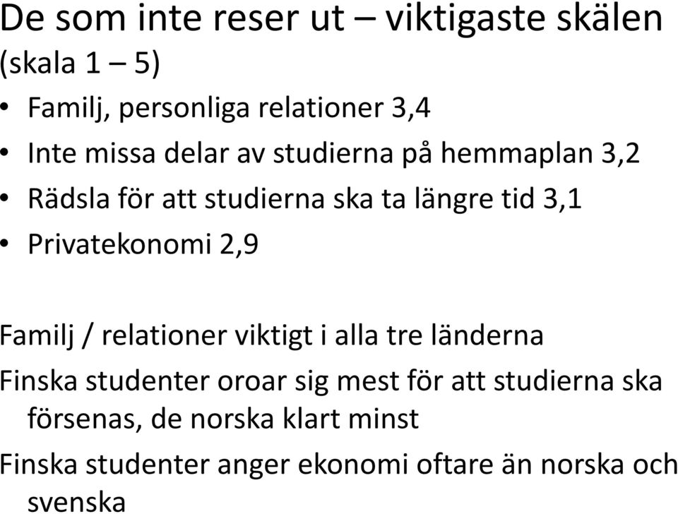 2,9 Familj / relationer viktigt i alla tre länderna Finska studenter oroar sig mest för att