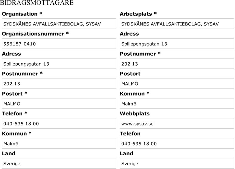 Kommun * Malmö Land Sverige Arbetsplats * SYDSKÅNES AVFALLSAKTIEBOLAG, SYSAV Adress