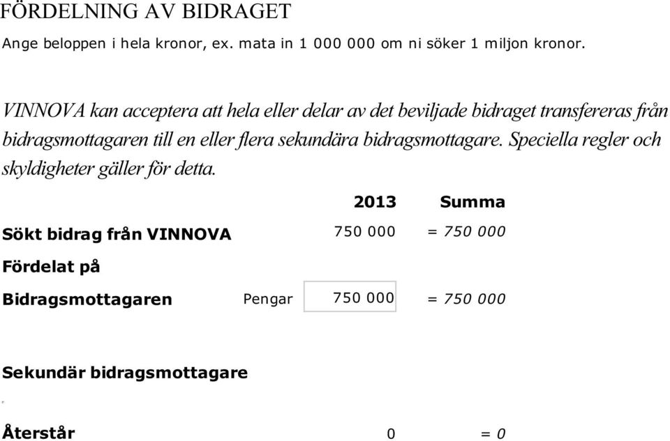 eller flera sekundära bidragsmottagare. Speciella regler och skyldigheter gäller för detta.