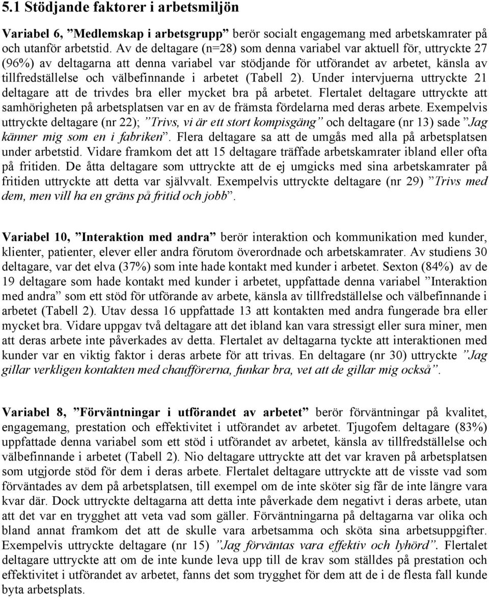 arbetet (Tabell 2). Under intervjuerna uttryckte 21 deltagare att de trivdes bra eller mycket bra på arbetet.