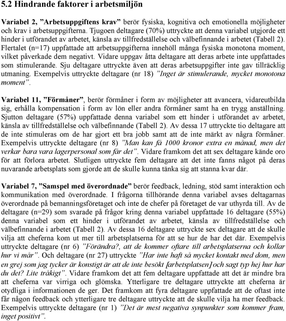 Flertalet (n=17) uppfattade att arbetsuppgifterna innehöll många fysiska monotona moment, vilket påverkade dem negativt.