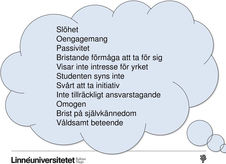 syns inte Svårt att ta initiativ Inte tillräckligt