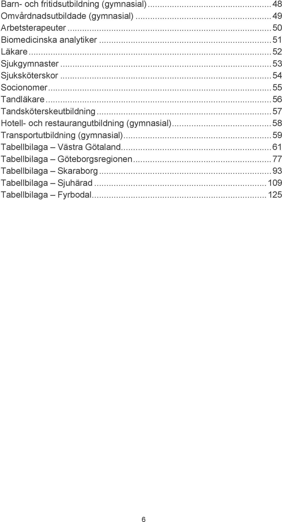 ..56 Tandsköterskeutbildning...57 Hotell- och restaurangutbildning (gymnasial)...58 Transportutbildning (gymnasial).