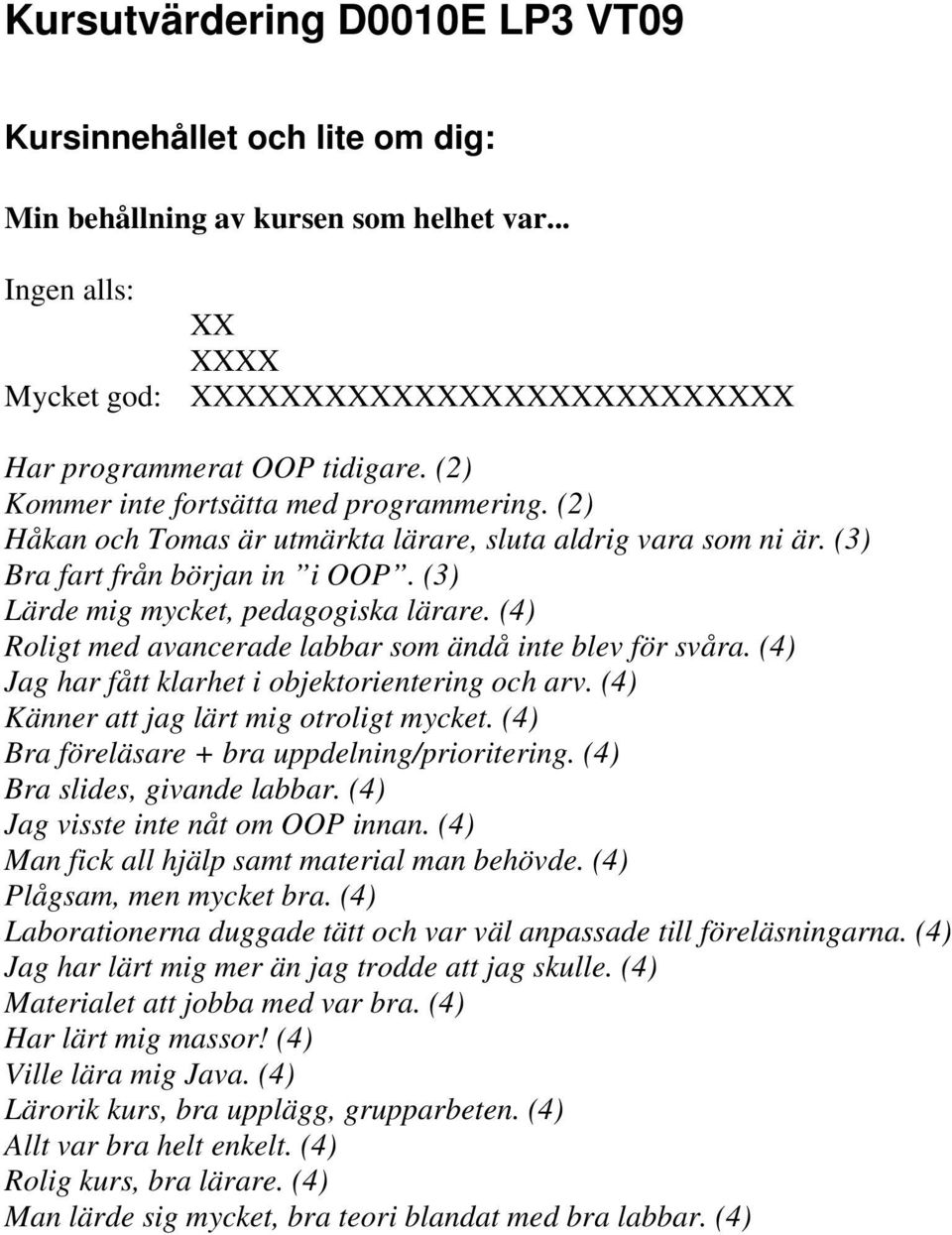 (4) Roligt med avancerade labbar som ändå inte blev för svåra. (4) Jag har fått klarhet i objektorientering och arv. (4) Känner att jag lärt mig otroligt mycket.