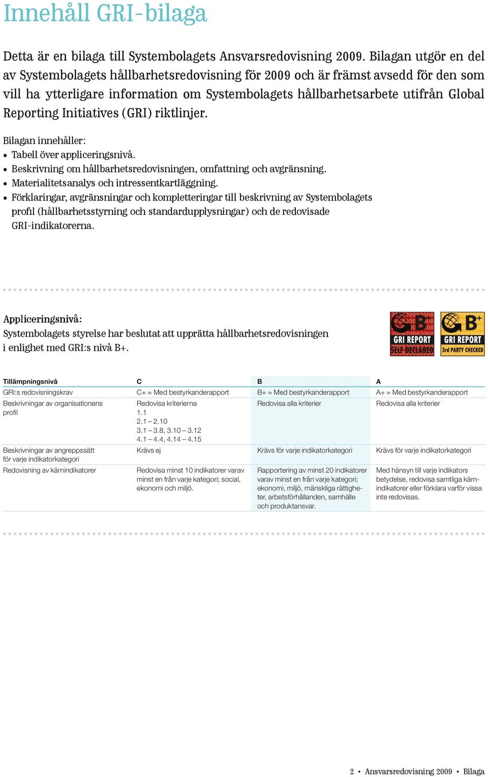 Initiatives (GRI) riktlinjer. Bilagan innehåller: Tabell över appliceringsnivå. Beskrivning om hållbarhetsredovisningen, omfattning och avgränsning. Materialitetsanalys och intressentkartläggning.