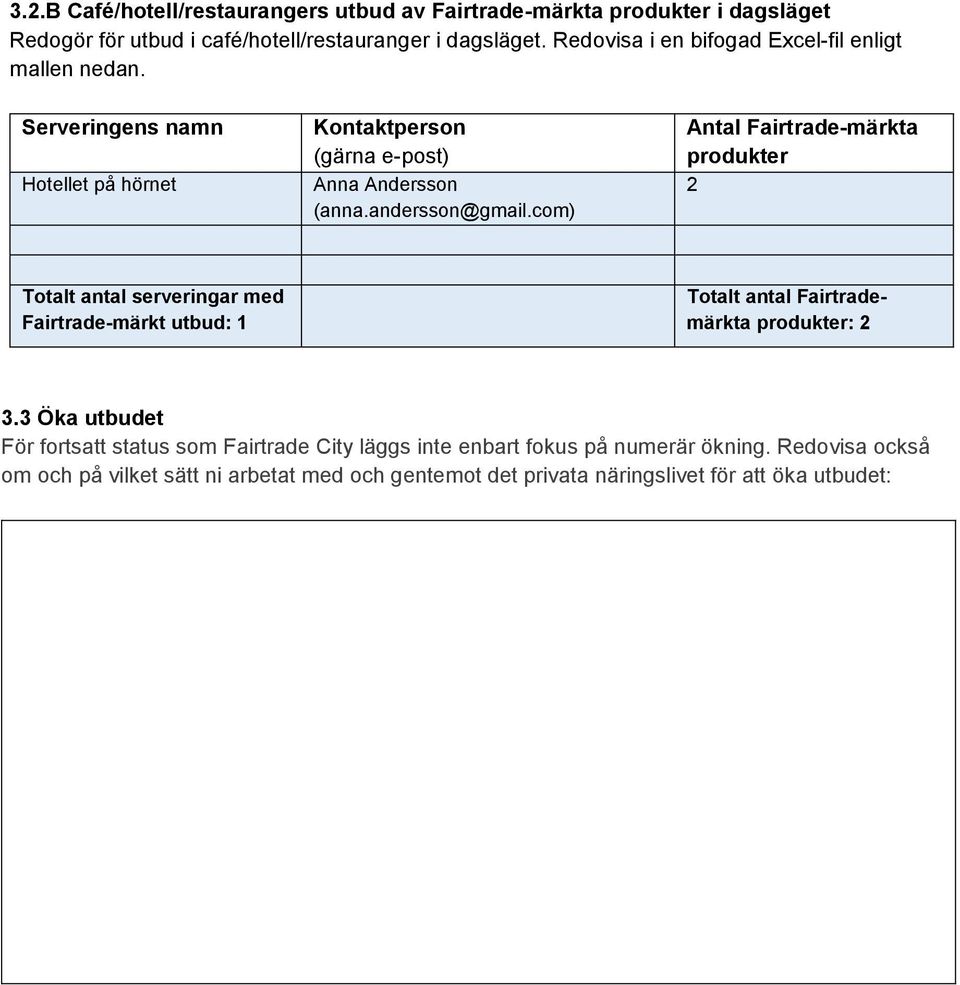 com) Antal Fairtrade-märkta produkter 2 Totalt antal serveringar med Fairtrade-märkt utbud: 1 Totalt antal Fairtrademärkta produkter: 2 3.