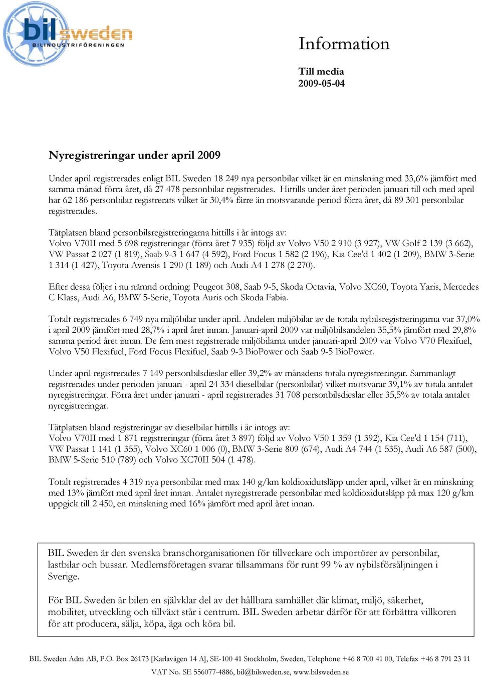 Hittills under året perioden januari till och med april har 62 186 personbilar registrerats vilket är 30,4% färre än motsvarande period förra året, då 89 301 personbilar registrerades.