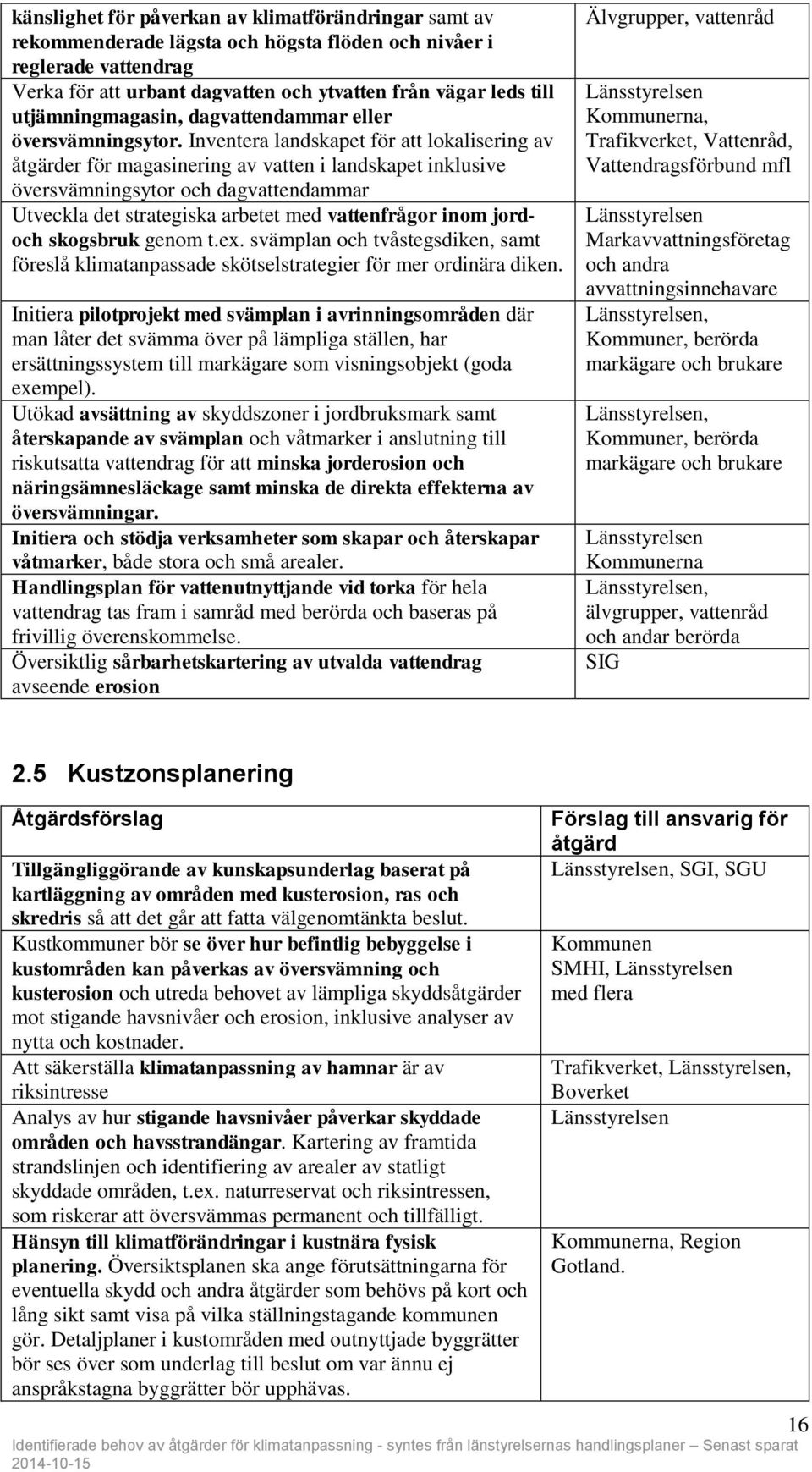 Inventera landskapet för att lokalisering av åtgärder för magasinering av vatten i landskapet inklusive översvämningsytor och dagvattendammar Utveckla det strategiska arbetet med vattenfrågor inom