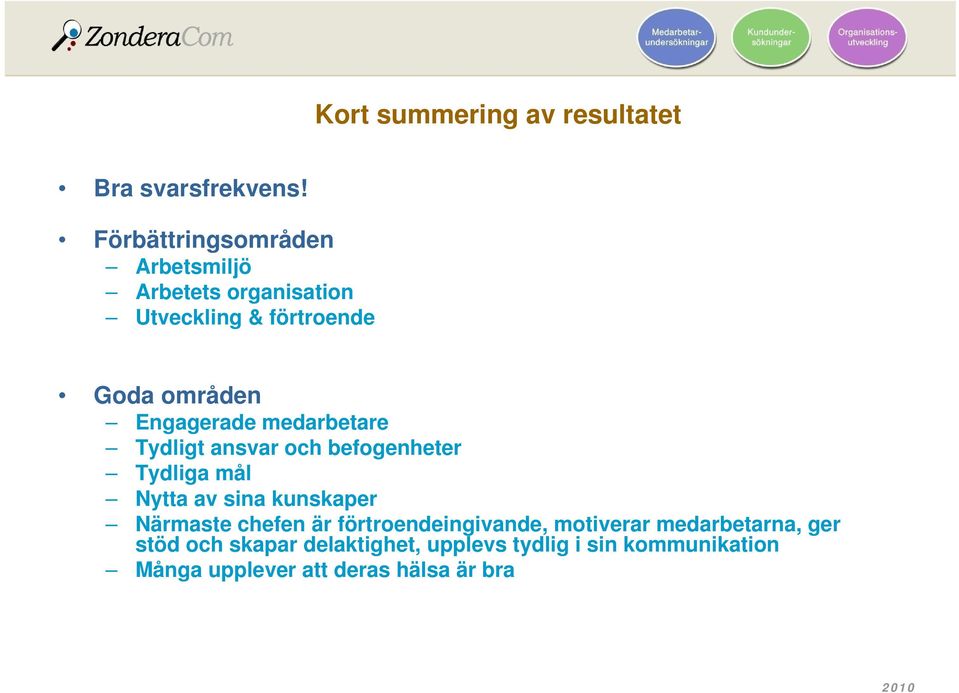 Engagerade medarbetare Tydligt ansvar och befogenheter Tydliga mål Nytta av sina kunskaper Närmaste