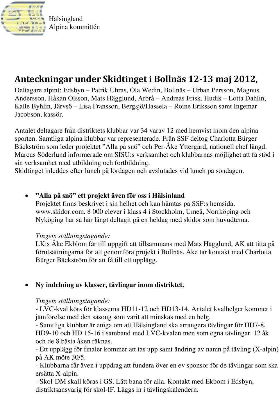 Antalet deltagare från distriktets klubbar var 34 varav 12 med hemvist inom den alpina sporten. Samtliga alpina klubbar var representerade.