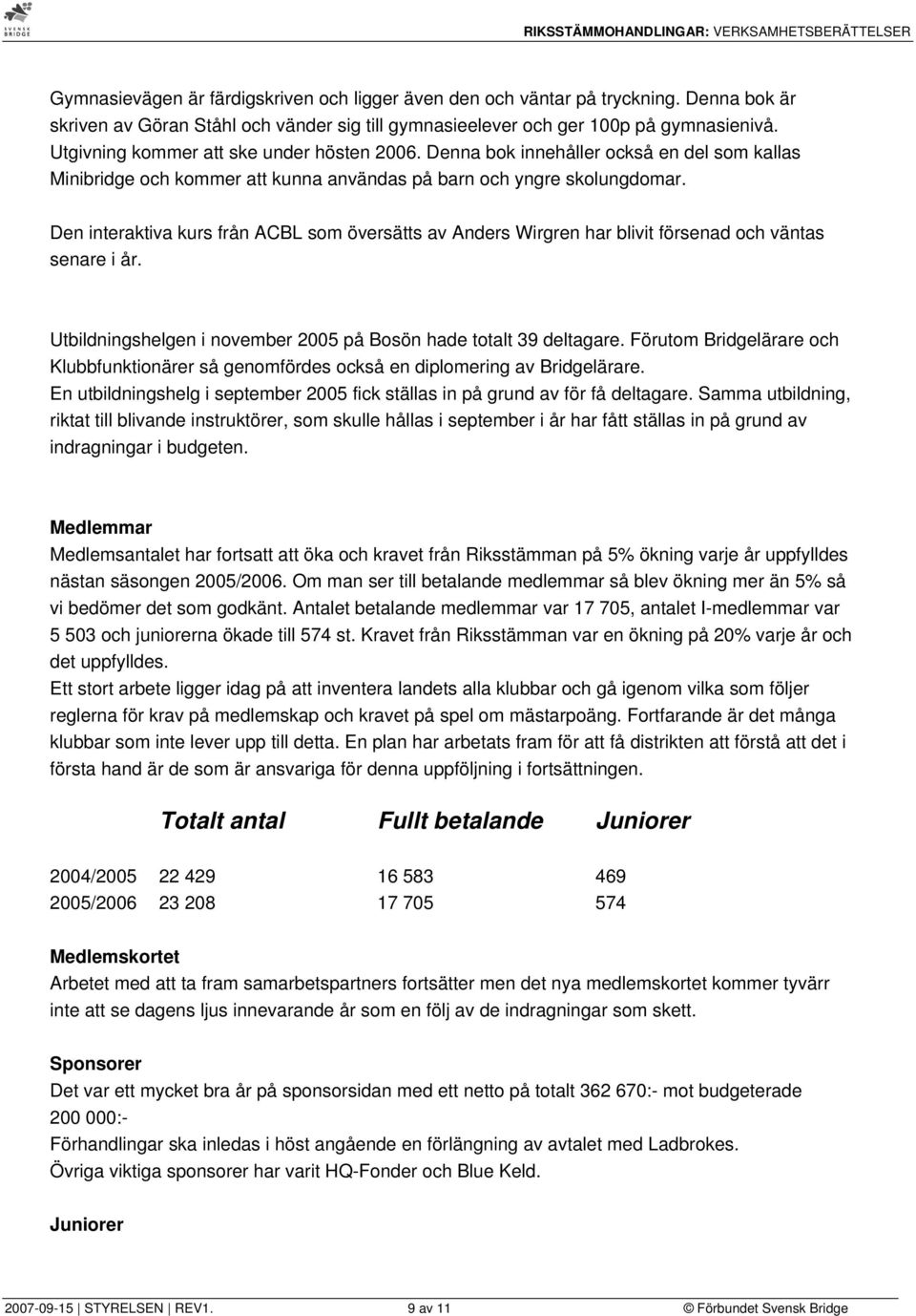 Den interaktiva kurs från ACBL som översätts av Anders Wirgren har blivit försenad och väntas senare i år. Utbildningshelgen i november 2005 på Bosön hade totalt 39 deltagare.