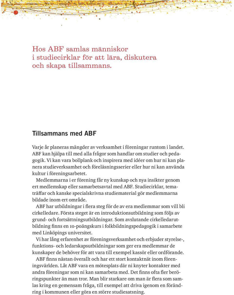 Vi kan vara bollplank och inspirera med idéer om hur ni kan planera studieverksamhet och föreläsningsserier eller hur ni kan använda kultur i föreningsarbetet.