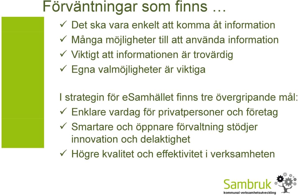 strategin för esamhället finns tre övergripande mål: Enklare vardag för privatpersoner och företag