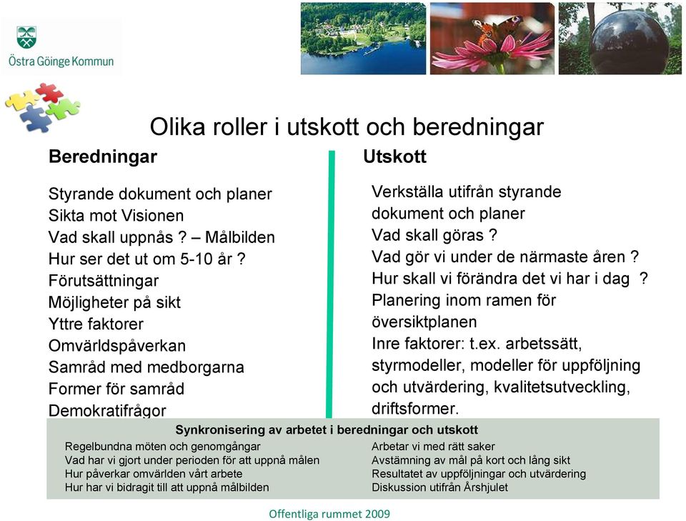 utskott Arbetar vi med rätt saker Regelbundna möten och genomgångar Vad har vi gjort under perioden för att uppnå målen Hur påverkar omvärlden vårt arbete Hur har vi bidragit till att uppnå målbilden