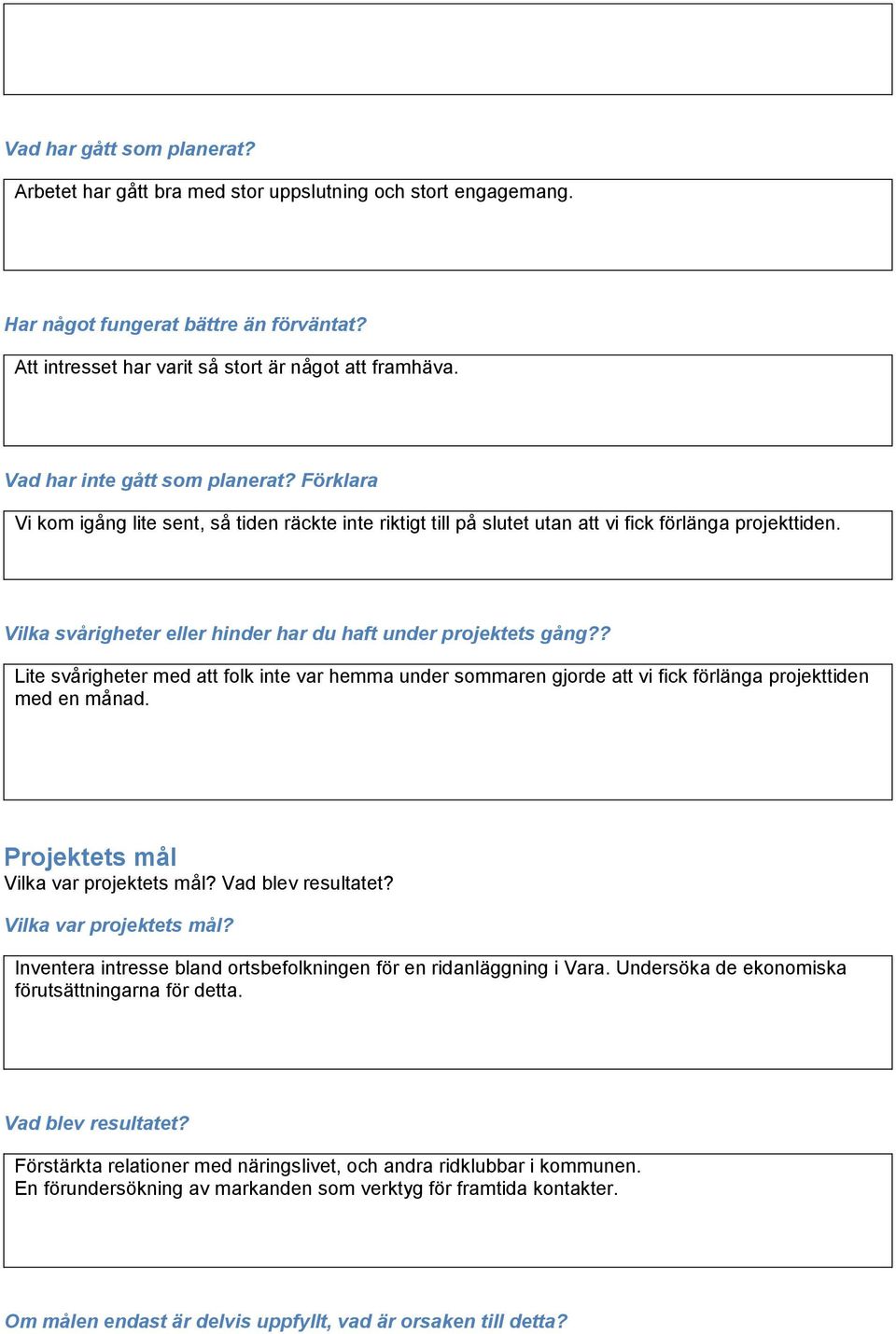 Vilka svårigheter eller hinder har du haft under projektets gång?? Lite svårigheter med att folk inte var hemma under sommaren gjorde att vi fick förlänga projekttiden med en månad.