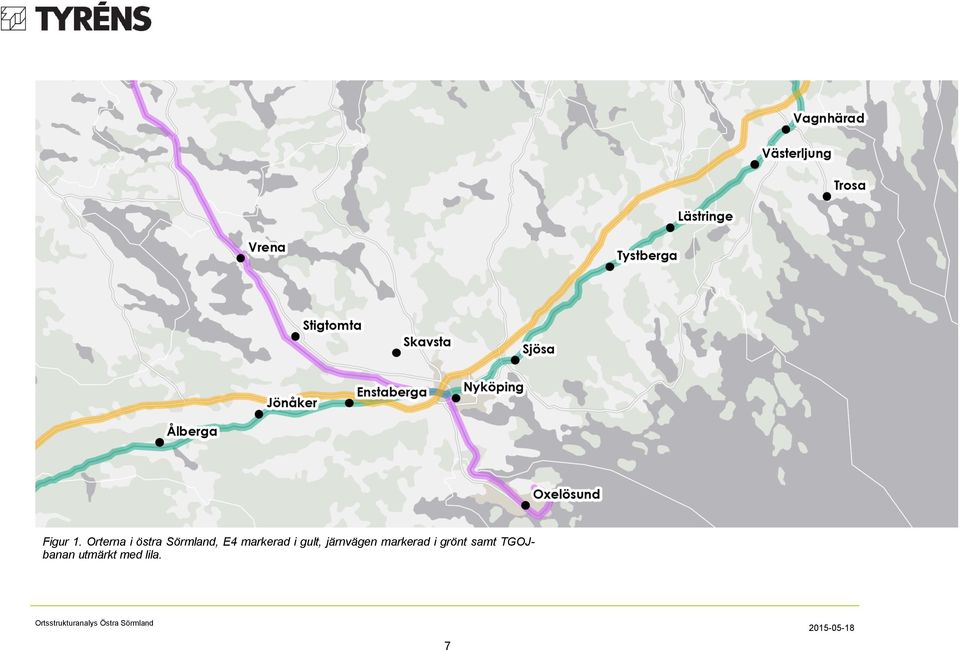 gult, järnvägen markerad i grönt samt