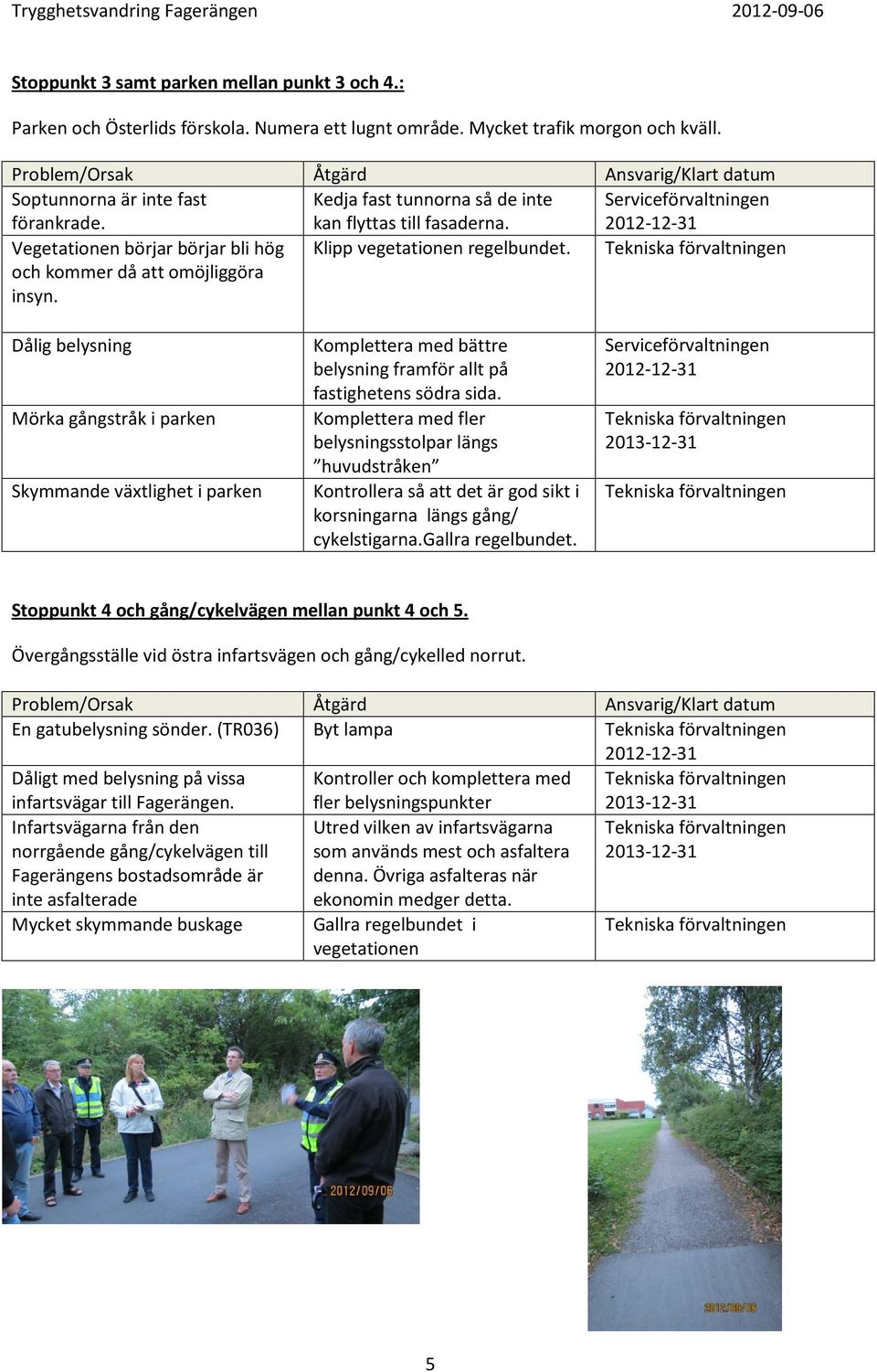 Dålig belysning Mörka gångstråk i parken Skymmande växtlighet i parken Komplettera med bättre belysning framför allt på fastighetens södra sida.