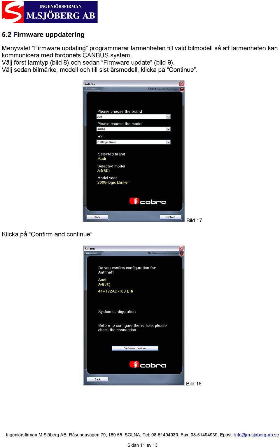 Välj först larmtyp (bild 8) och sedan Firmware update (bild 9).